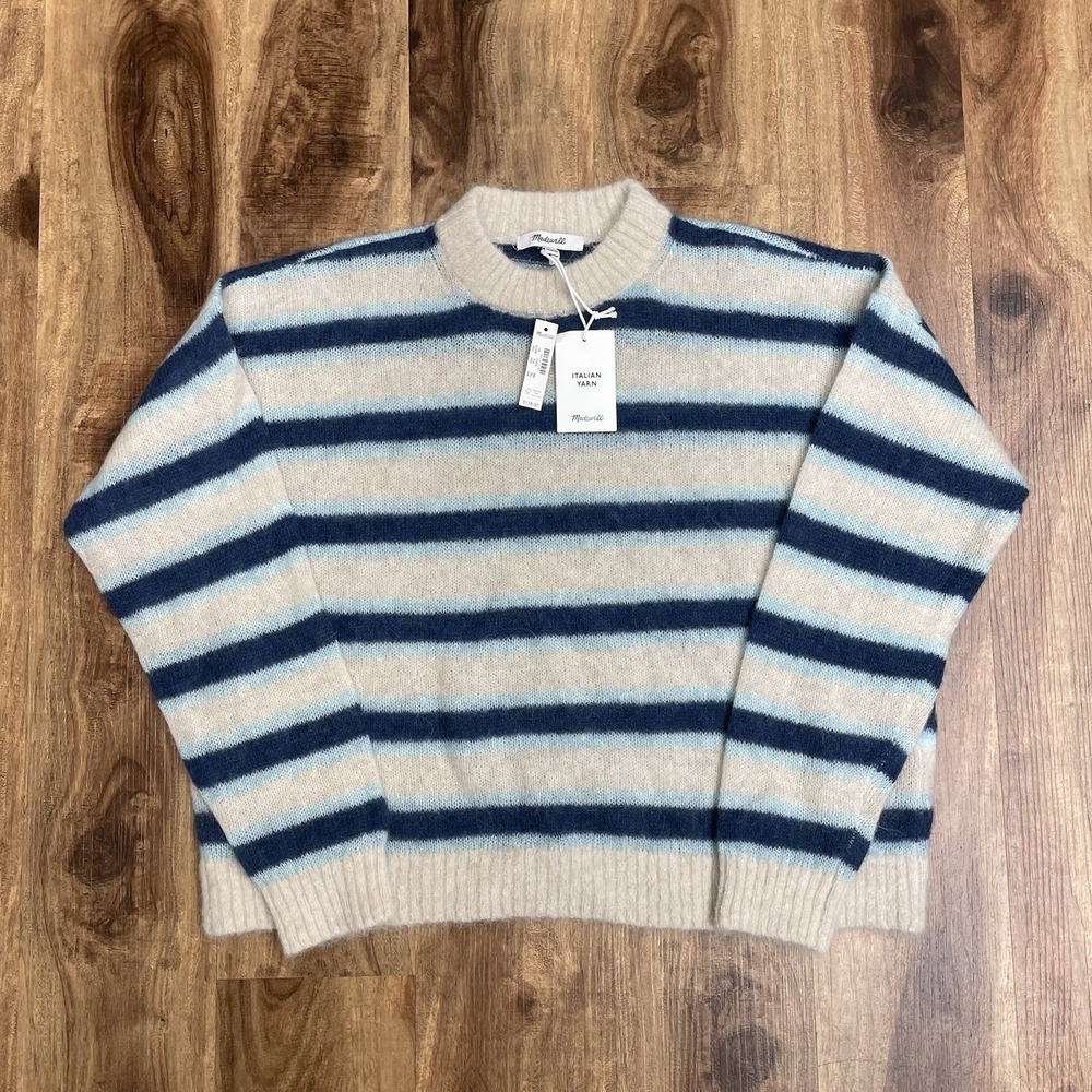 Madewell Sweater Womens XS Blue White Stripe Fuzzy Crewneck Alpaca Wool